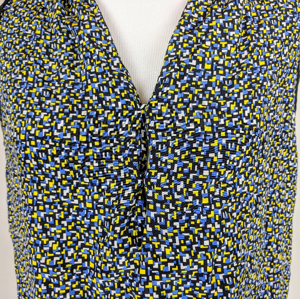 Sandro Paris Top Silk Blouse Geometric Pixel Print Luxury Designer Blue Black - Picture 2 of 8